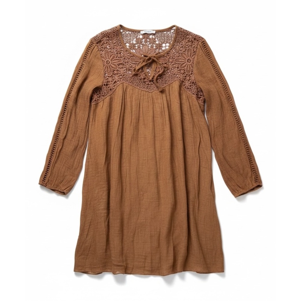 Rebellion Small Dress Boho Crochet Lace Rust‎ Brown Rayon Blend Floral Yoke